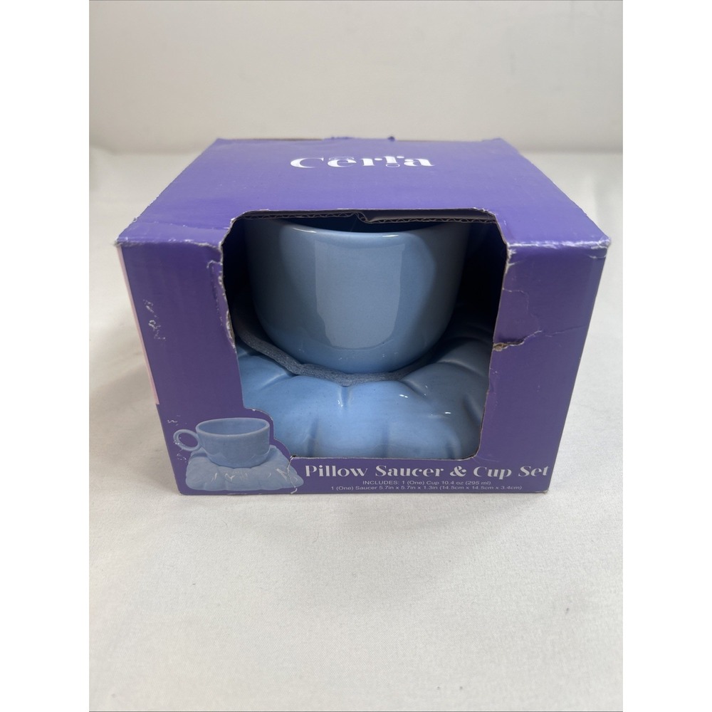 NIB Cerra Blue Ceramic Pillow Saucer And Cup Set